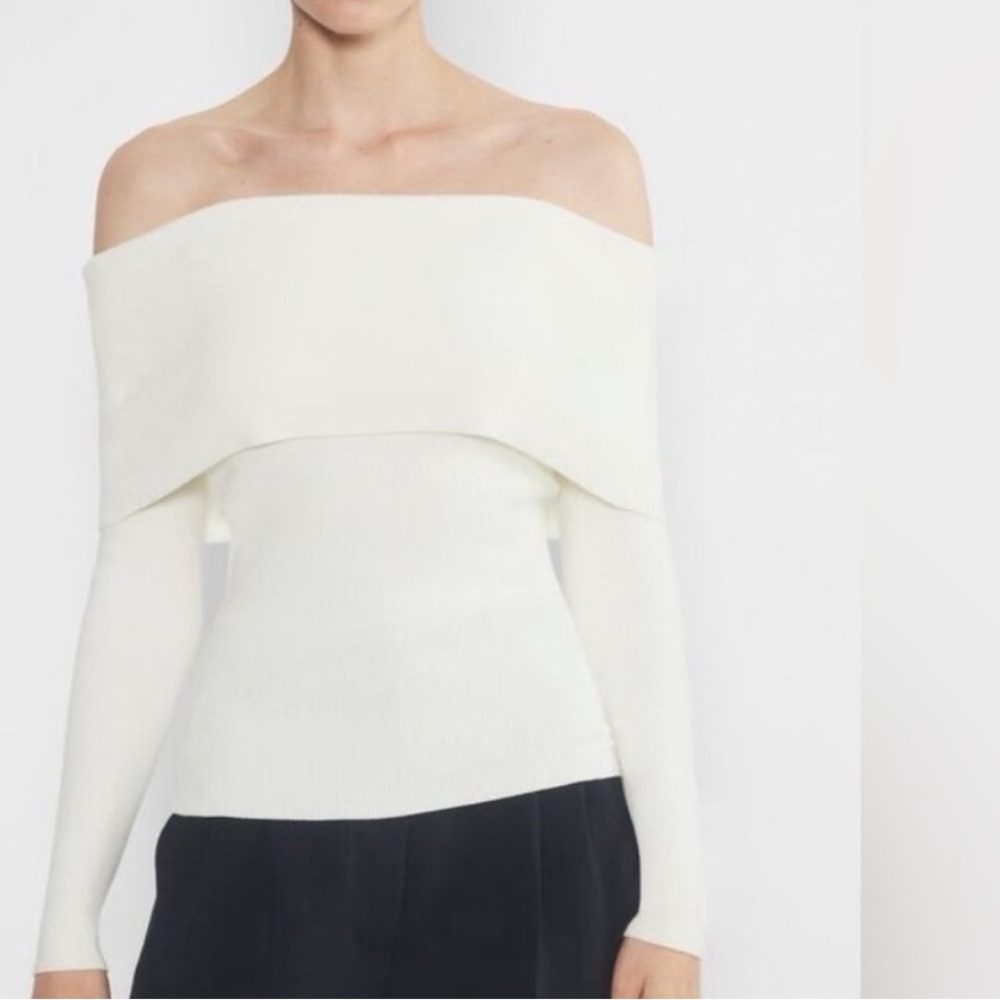 Aritzia Wilfred Nola Off The Shoulder Cream White Ribbed Knit Sweater Size Large - Picture 2 of 10